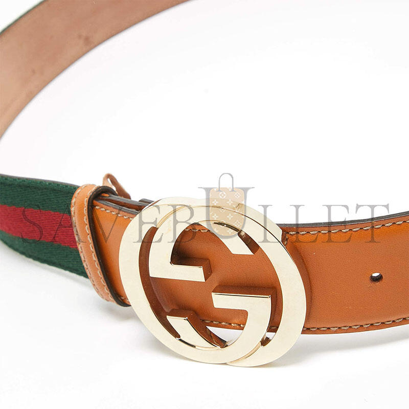GUCCI TAN LEATHER AND WEB CANVAS INTERLOCKING G BUCKLE BELT 95 CM 